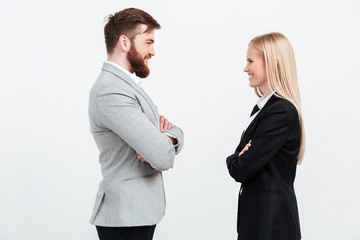 Happy colleagues business team standing over white background