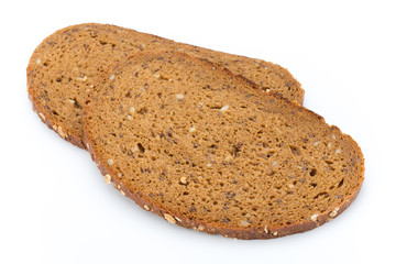 Slices of rye bread isolated on white background.