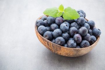 Fresh blueberries natural coconut in a bowl on a gray background.