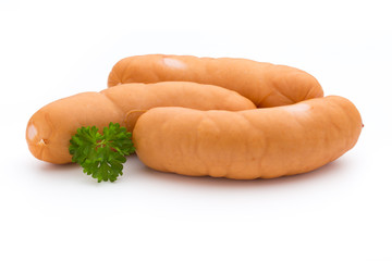 Sausage and spices isolated on white background, fresh delicious frankfurter.