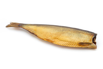 Smoked trout in front of a white background.