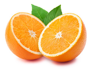 Perfectly retouched sliced halves of oranges with leaves isolated on the white background with clipping path