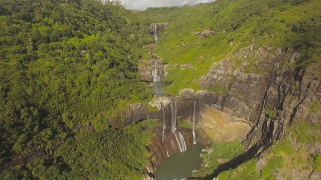 4K UHD Top down aerial video of Tamarin Falls Waterfall (Seven Cascades) - Mauritius, Curepipe, near Black River Gorge National Park