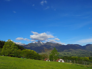 Fototapeta na wymiar Camping field in the mountain area of Nagano prefecture, Japan オートキャンプ牧場チロル（長野県）の風景