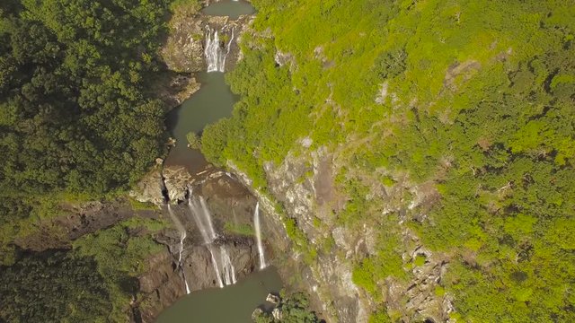 4K UHD Top down aerial video of Tamarin Falls Waterfall (Seven Cascades) - Mauritius, Curepipe, near Black River Gorge National Park