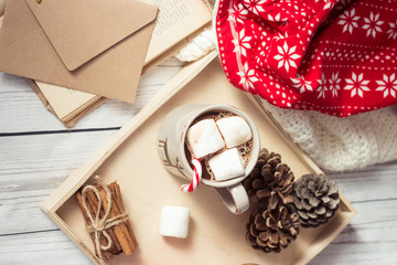 Christmas mood. Cozy Christmas breakfast. Plaid, a tray, a mug of hot cocoa, marshmallows. The book and Christmas card.