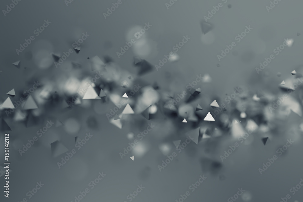 Poster abstract 3d rendering of chaotic low poly shapes. flying polygonal pyramids in empty space. futurist
