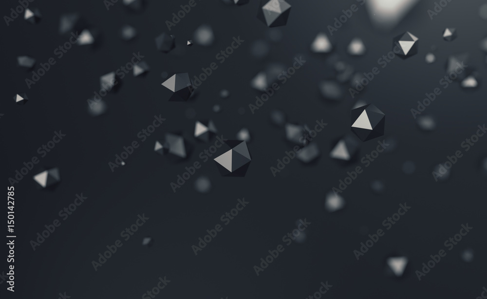 Poster abstract 3d rendering of chaotic low poly particles. flying polygonal spheres in empty space. futuri
