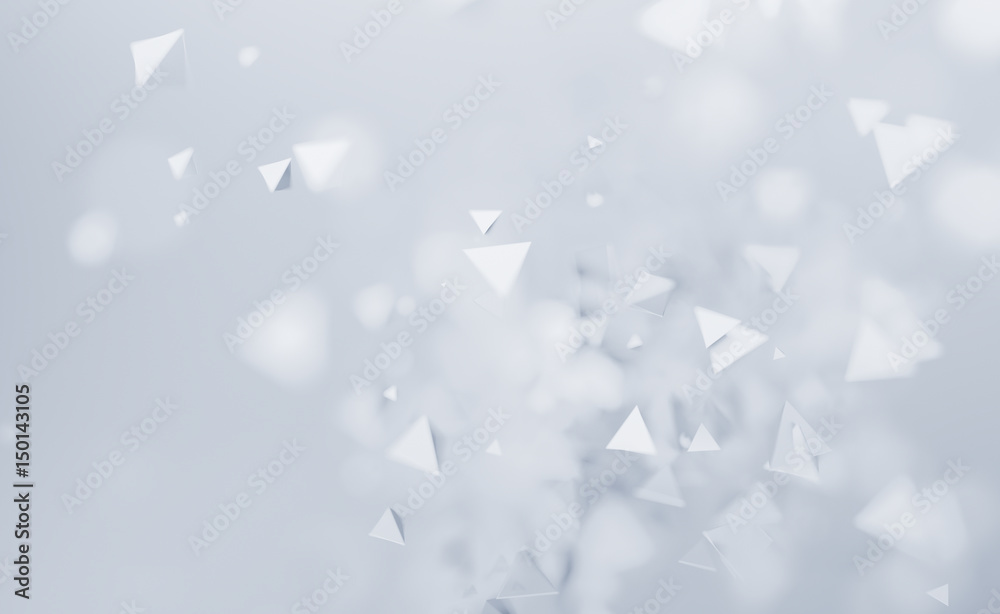 Poster abstract 3d rendering of chaotic low poly shapes. flying polygonal pyramids in empty space. futurist