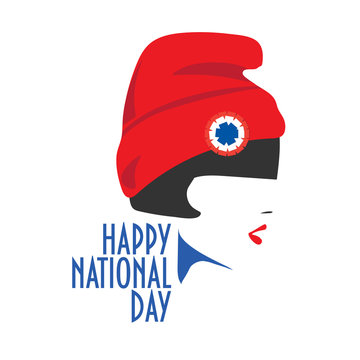 Minimalist National Day greeting card vector design: a girl with red hat and tricolor cockade on. Red hat is the Liberty cap, also known as the Phrygian cap, or pileus. 