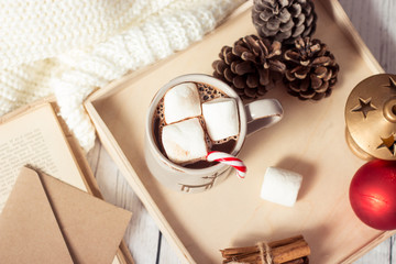 Christmas mood. Cozy Christmas breakfast. Plaid, a tray, a mug of hot cocoa, marshmallows. The book and Christmas card.