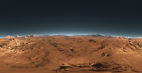 Obraz premium Panorama of Mars sunset, environment HDRI map. Equirectangular projection, spherical panorama. Martian landscape, 3d rendering