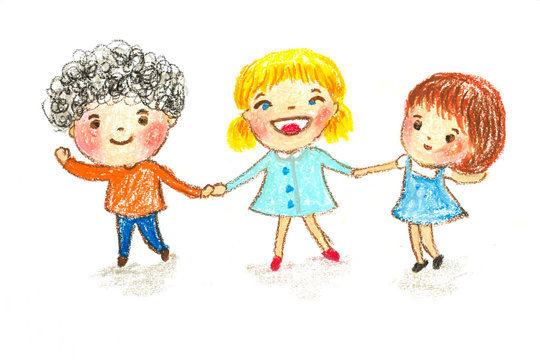 kids holding hands, oil pastel painting illustration