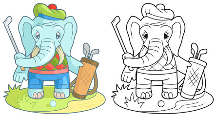 Cartoon funny elephant playing golf
