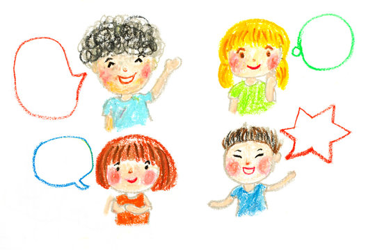 kids talking and bubbles, oil pastel drawing illustration