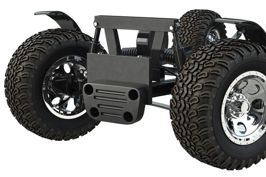 Car frame chassis with wheels, close view. 3D rendering
