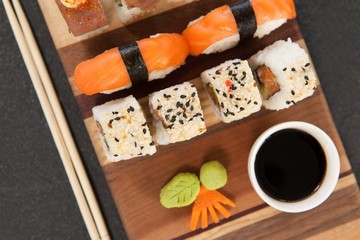 sushi set served with chopsticks and soy sauce