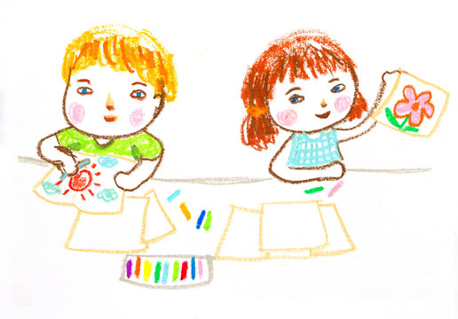 kids happy to drawing ,oil pastel drawing illustration