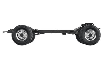 Obraz na płótnie Canvas Chassis frame black dirt wheel, side view. 3D rendering