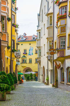 Colorful facades of houses in the Austrian city Hall in Tirol.