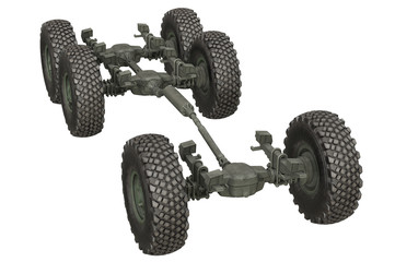 Truck military chassis suspension undercarriage. 3D rendering