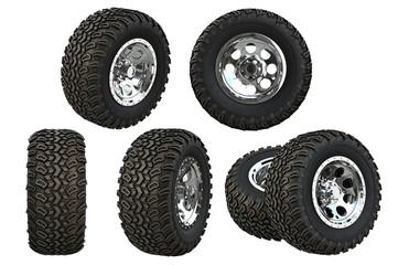 Wheel car with chrome disk set. 3D rendering