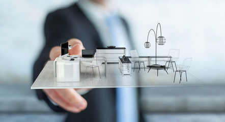 Businessman touching white 3D rendering apartment