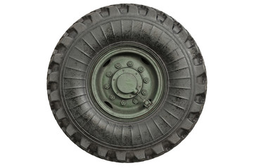 Car wheel military green rubber tire, side view. 3D rendering