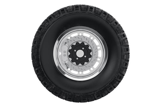 Car wheel black chrome with brake, back view. 3D rendering