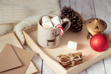 Christmas mood. Cozy Christmas breakfast. Plaid, a tray, a mug of hot cocoa, marshmallows. The book and Christmas card.