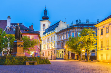Historical center of Sibiu town at blue hour, Transylvania region, Romania. - obrazy, fototapety, plakaty