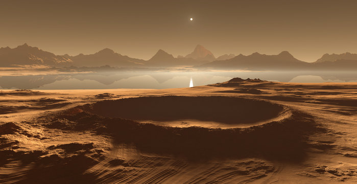 Titan, largest moon of Saturn with dense atmosphere. Hydrocarbon lakes and seas of Saturn moon Titan. 3D illustration