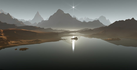 Naklejka premium Titan, largest moon of Saturn with dense atmosphere. Hydrocarbon lakes and seas of Saturn moon Titan. 3D illustration