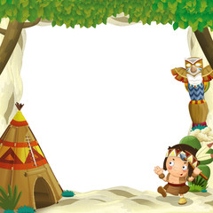 Cartoon frame for different usage indian character with a spear near the tee pee