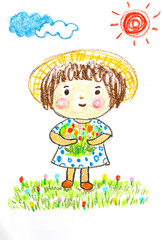 cute girl happy in flower field , oil pastel painting illustration
