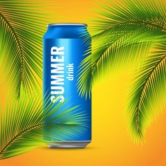 Fototapeta premium Energy drink in a tin can. Palm branches. Flight cooling drink. Vector 3d illustration