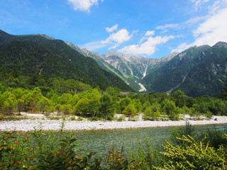 The scenic area of forest, river and mountain in Kamikochi, Nagano Prefecture, Japan.