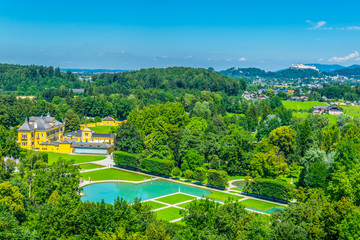 Aerial view of the Hellbrunn palace and surrounding park near Salzburg, Austria.