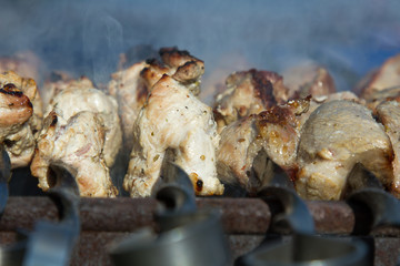 grilled Caucasus barbecue in smoke. Shallow depth of field