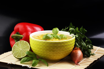 Thai soup. Khao Soi , Northern Style Curried Noodle Soup with Chicken in Thailand