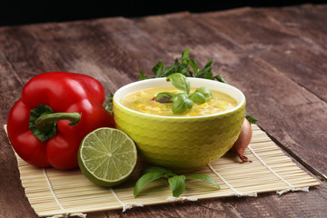 Thai soup. Khao Soi , Northern Style Curried Noodle Soup with Chicken in Thailand