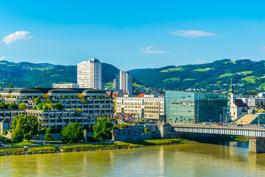 View of the Ars Electronica museum of science in the Austrian city Linz.