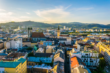 Aerial view of the Austrian city Linz including the old Cathedral, schlossmusem and the postlingberg basilica.