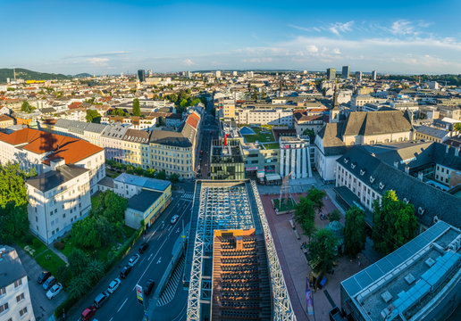 View of the Voestalpine open space cultural venue situated on a roof of a house in the center of Linz, Austria.