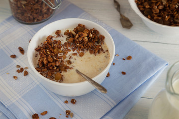 Bowl of granola with raisins and milk
