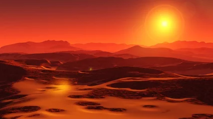 Fotobehang Diep Rood Landschap van Mars, Marspanorama, panorama van Mars, berglandschap  © ustas