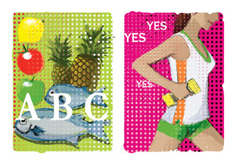 Obraz na płótnie Canvas Cardio; A set of two illustrations about cardio. Food for the nutrition of the heart muscle: pineapple, fish, lemon, apple, tomato. Girl with dumbbell in right hand. On an ornamental background