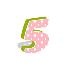 Cute dotted 3d number five isolated on white background. Vector illustration. Element for design. Kids alphabet.