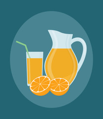Jug, glass of orange juice and orange fruits. Flat style, vector illustration.
