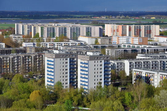 Aerial view of the modern residential district of Marzahn in Berlin. Highrise buildings in perspective.